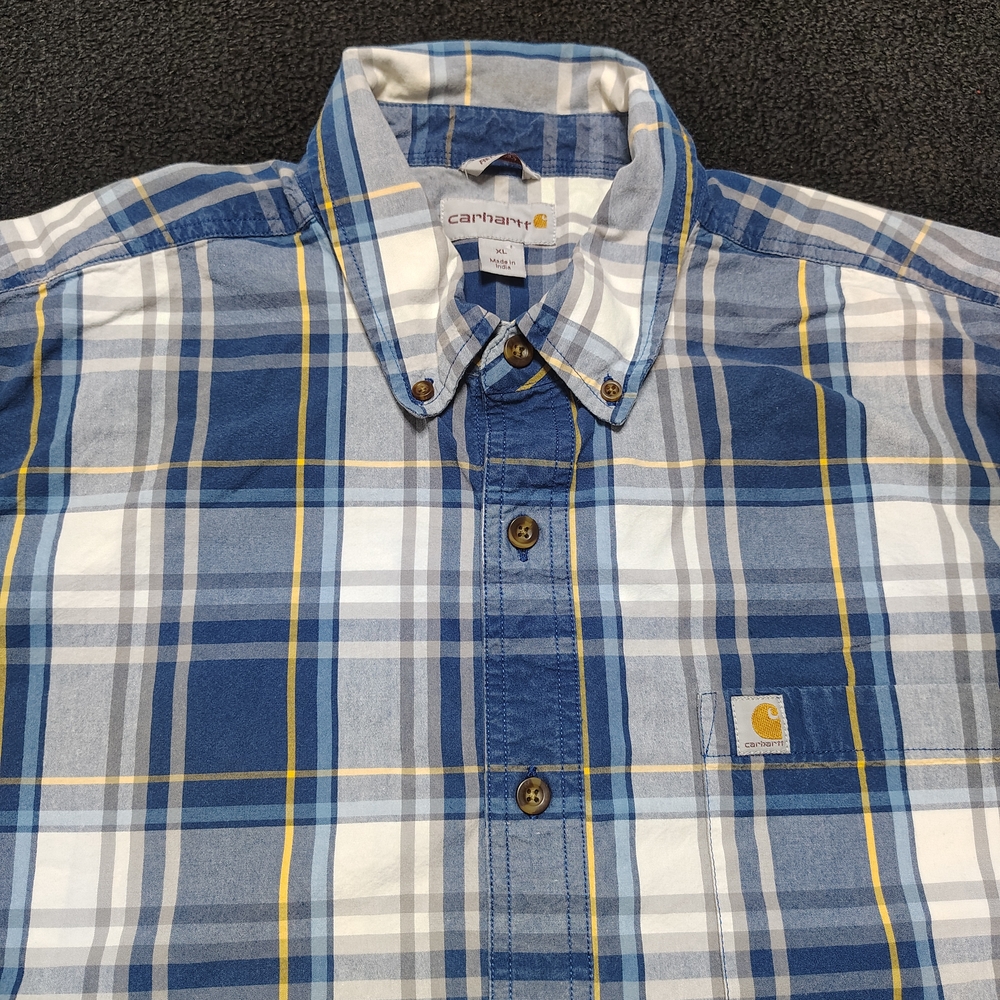 Carhartt Blue White Relaxed Fit Plaid Button Up Short Sleeve Shirt Men's XL